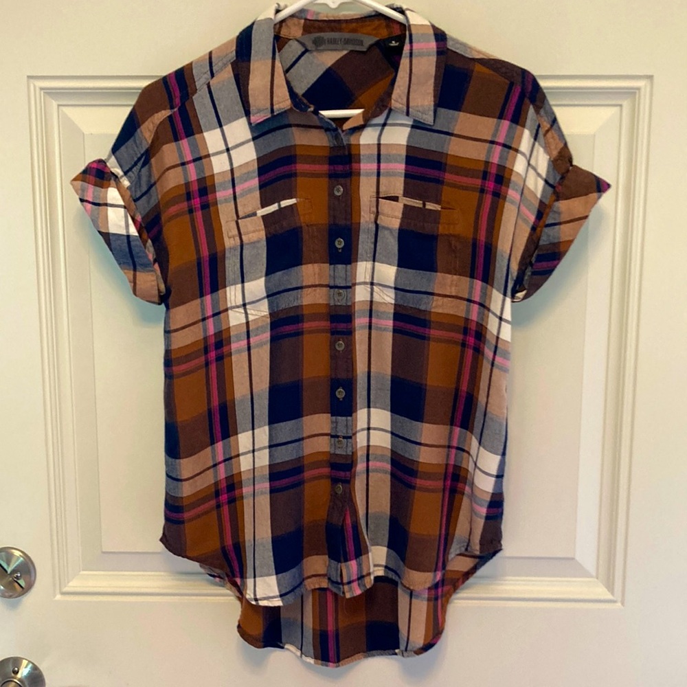Harley Davidson Plaid Button Cap Sleeve Shirt Size Small